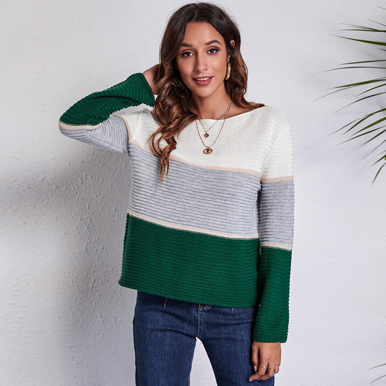 Contrast Color Striped Off Shoulder Oversized Knitted Sweater