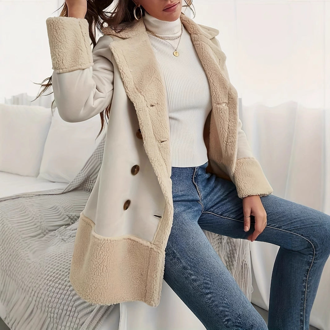 Apricot Lapel Contrast Color Lamb Wool Long Coat