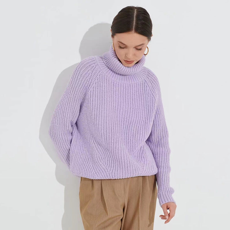 High Neck Thickened Turtleneck Sweater - Solid Color Casual Mid-Length for Autumn & Winter