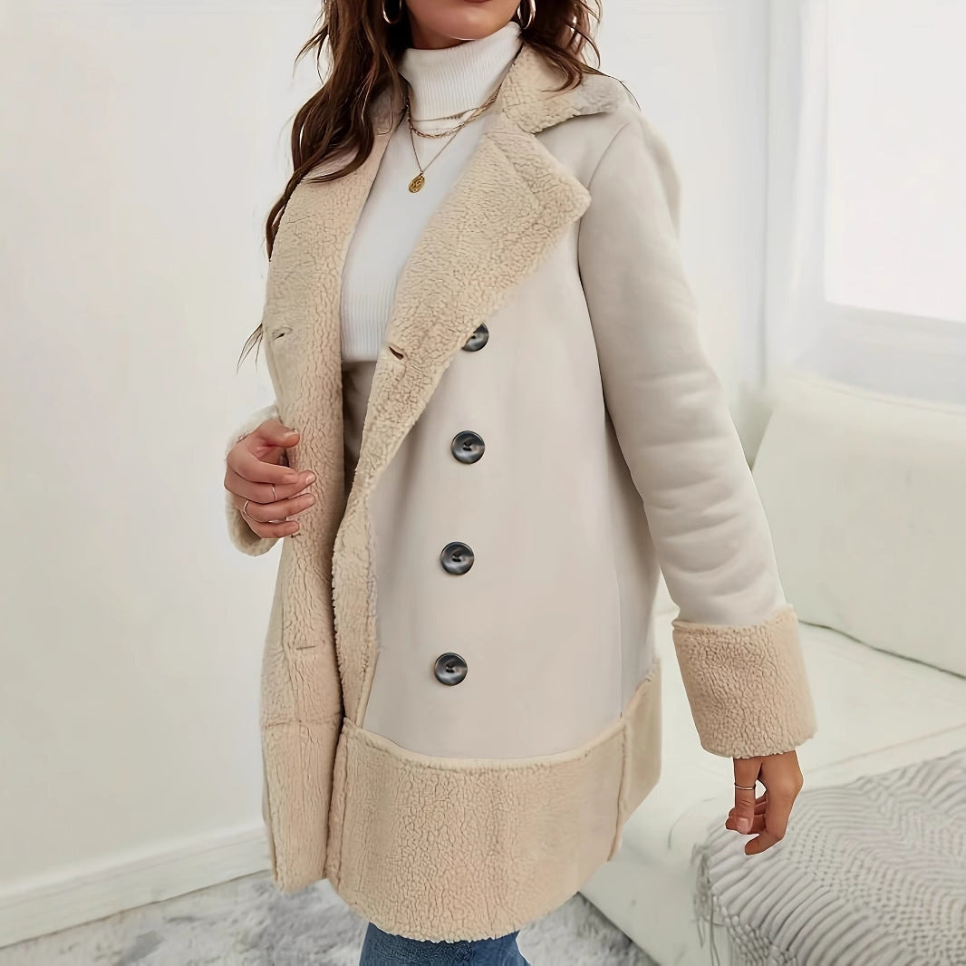 Apricot Lapel Contrast Color Lamb Wool Long Coat