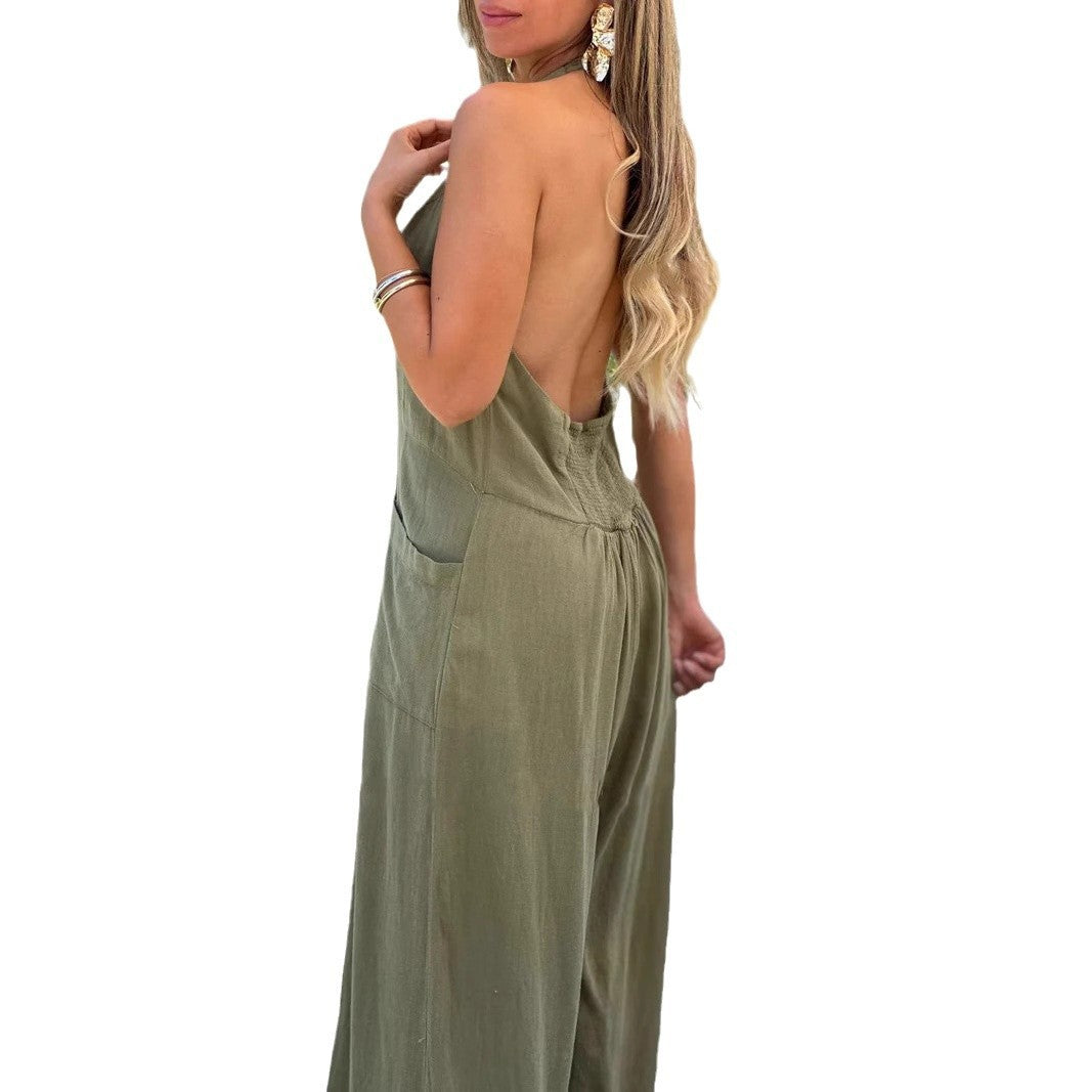 Solid Color Backless Sleeveless Jumpsuit – Loose Cotton Linen Style