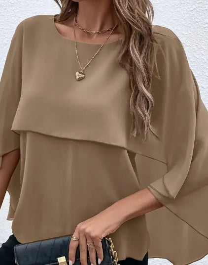 Women's Solid Layered Cloak Sleeve Blouse, Versatile Crew Neck Top