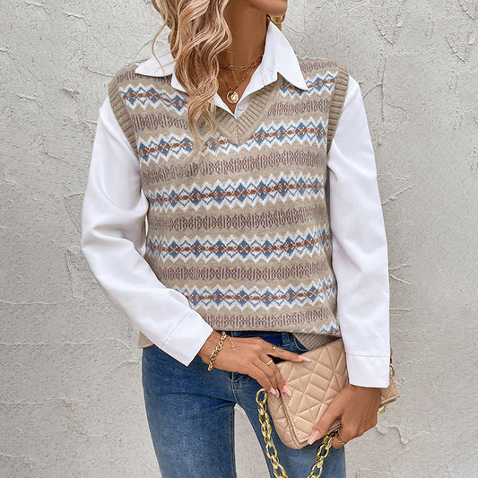 Ethnic Style Sleeveless Jacquard Knitted Vest Jacket