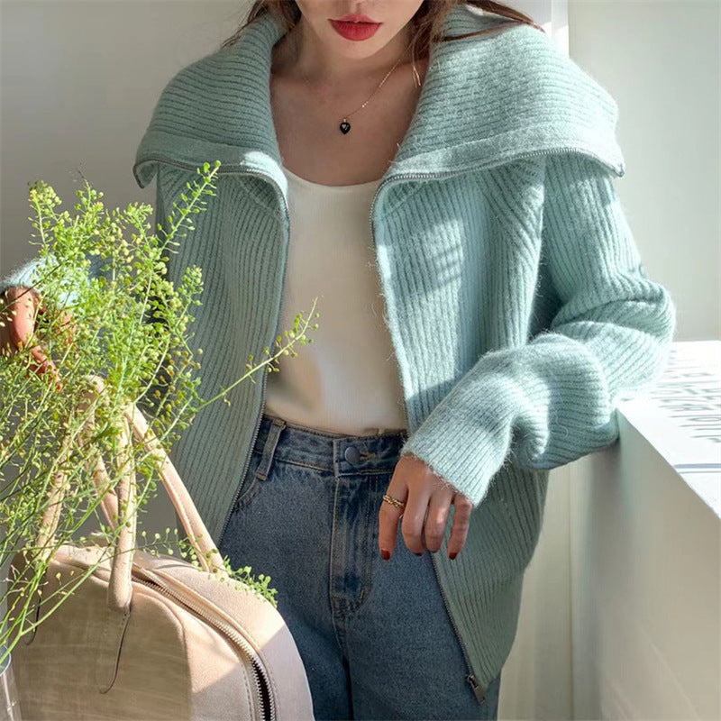 Korean Style Idle Large Lapel Knitted Cardigan with Zipper Coat for Women