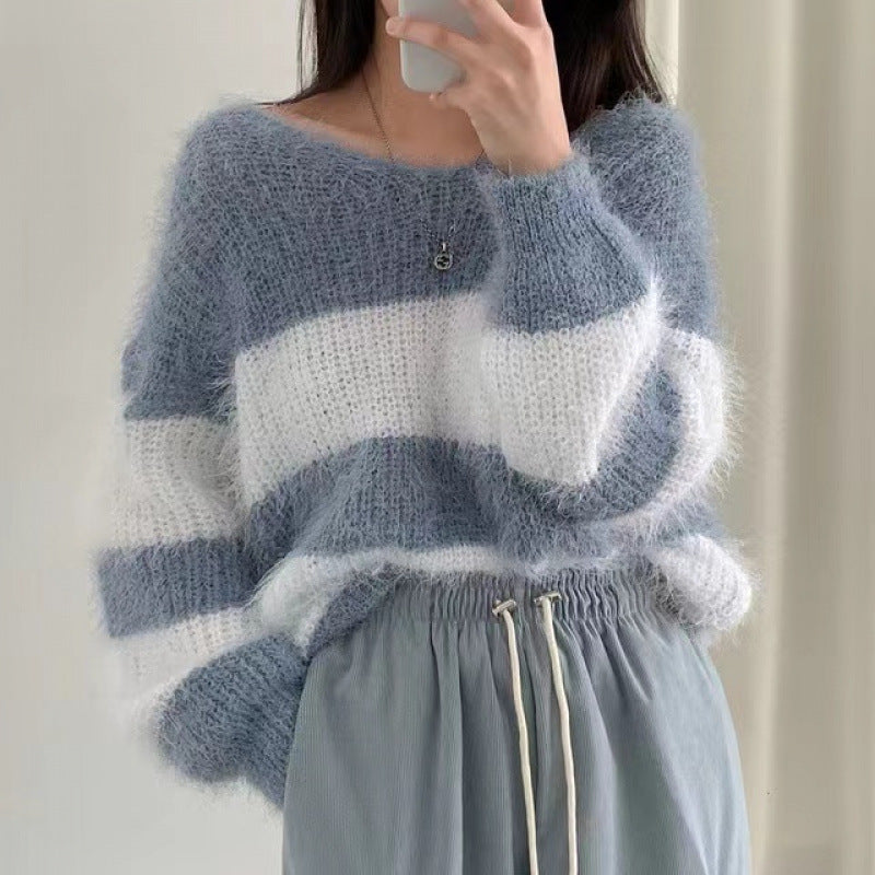 Retro Lazy Loose Round Neck Contrast Color Striped Sweater