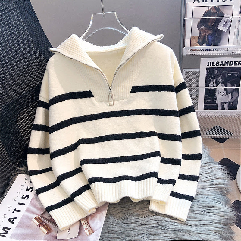 Women's Zippered Contrast Color Striped Sweater