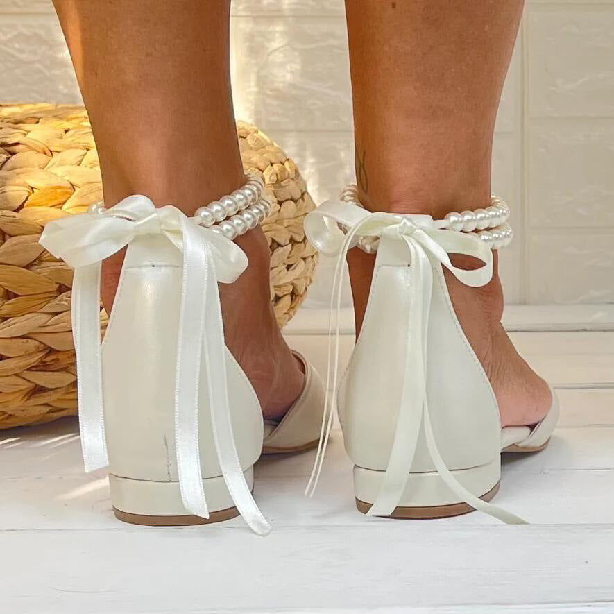 Women's Summer White Pearl Ribbon Flat Sandals