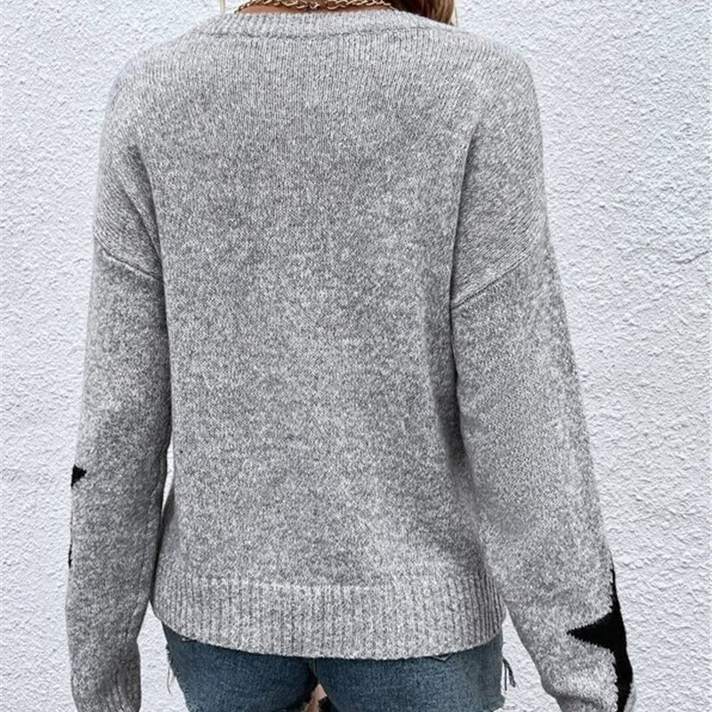 Loose-Fit Round Neck Pullover Sweater with Pattern, Long Sleeves