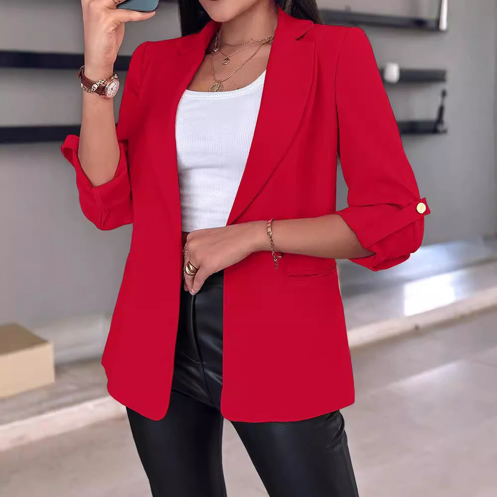 Women's Casual Blazer with Rolled Sleeves and Pockets