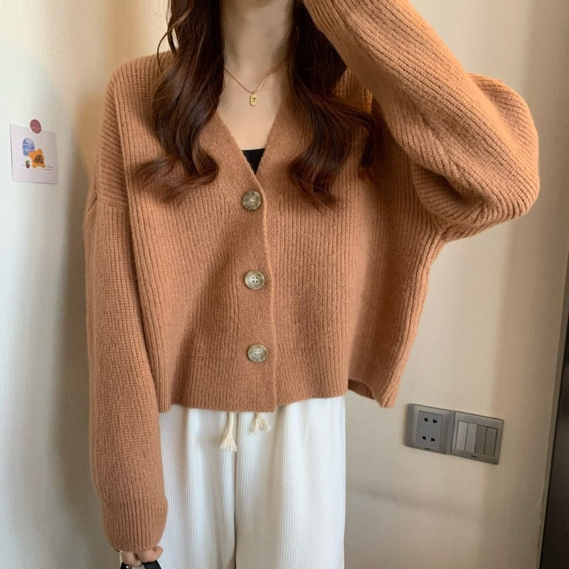 Women's V-neck Solid Color Versatile Sweater Coat