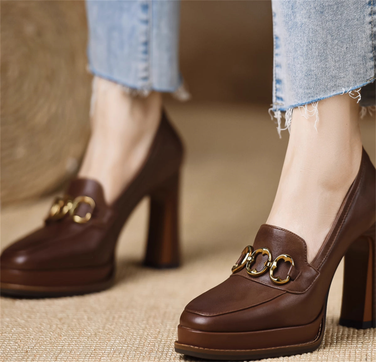 Women's Brown Sheepskin Shoes with Thick Heels