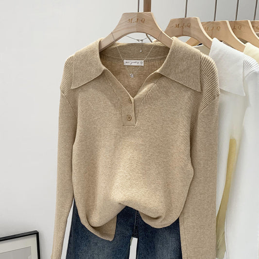 Short Polo Collar Sweater with Button Detail – Long Sleeve Base Layer Top