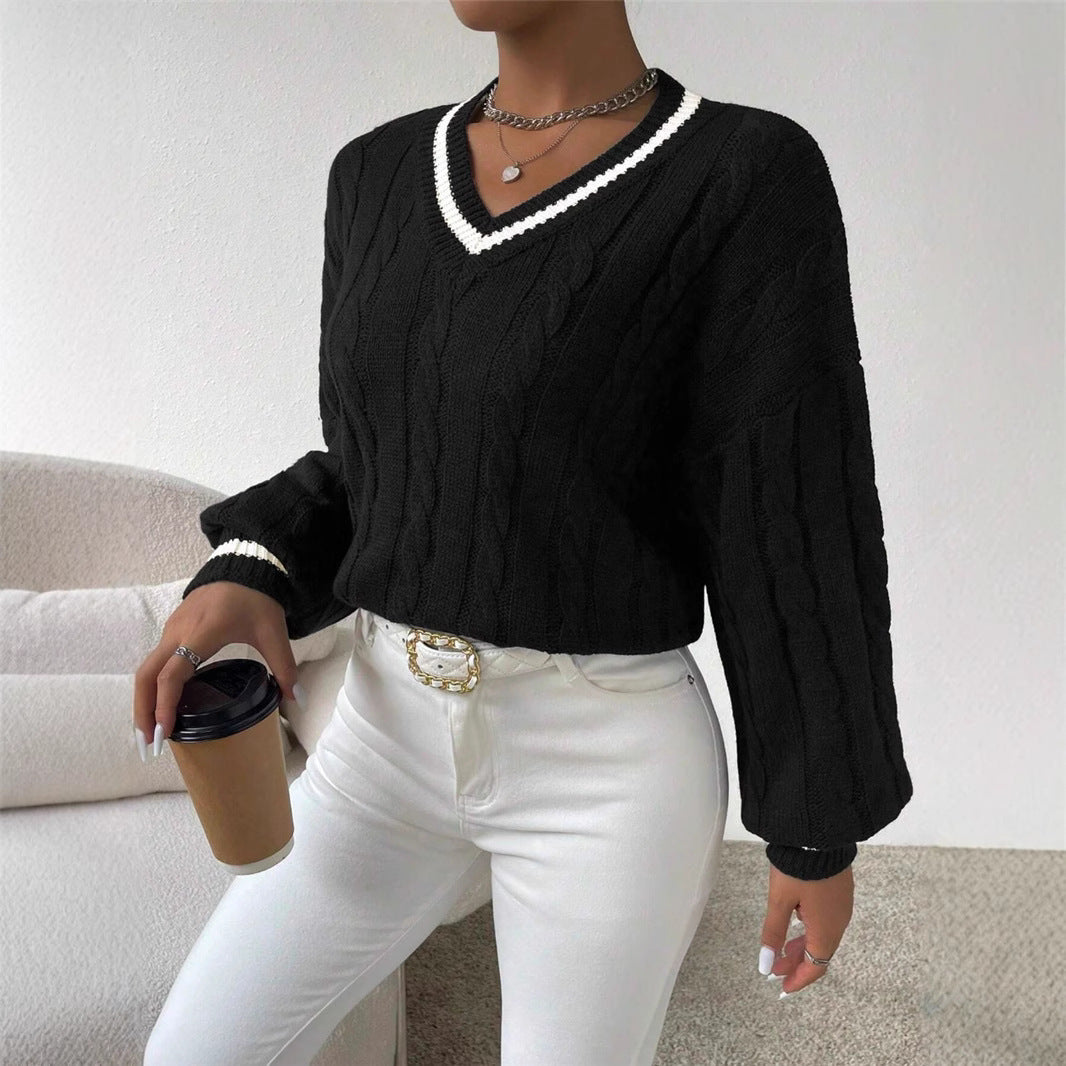 Autumn and Winter Contrast Color Twisted V-Neck Loose Women's Sweater