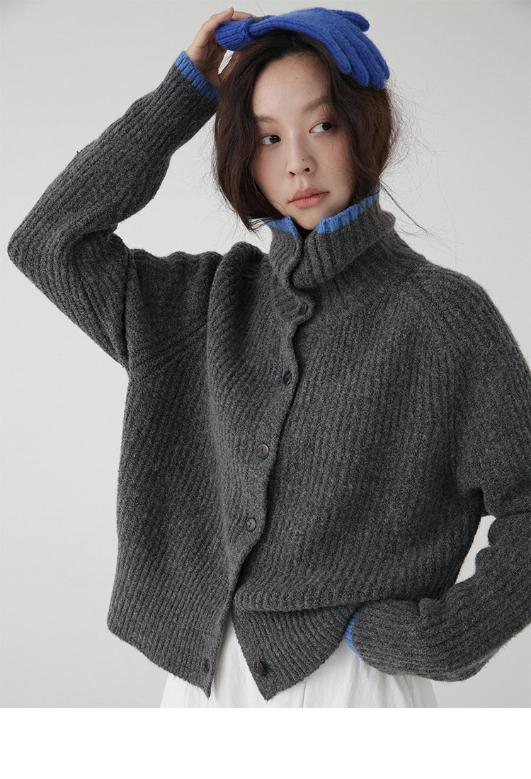 Color-Blocking Collar Single-Breasted Wool Knit Cardigan Jacket