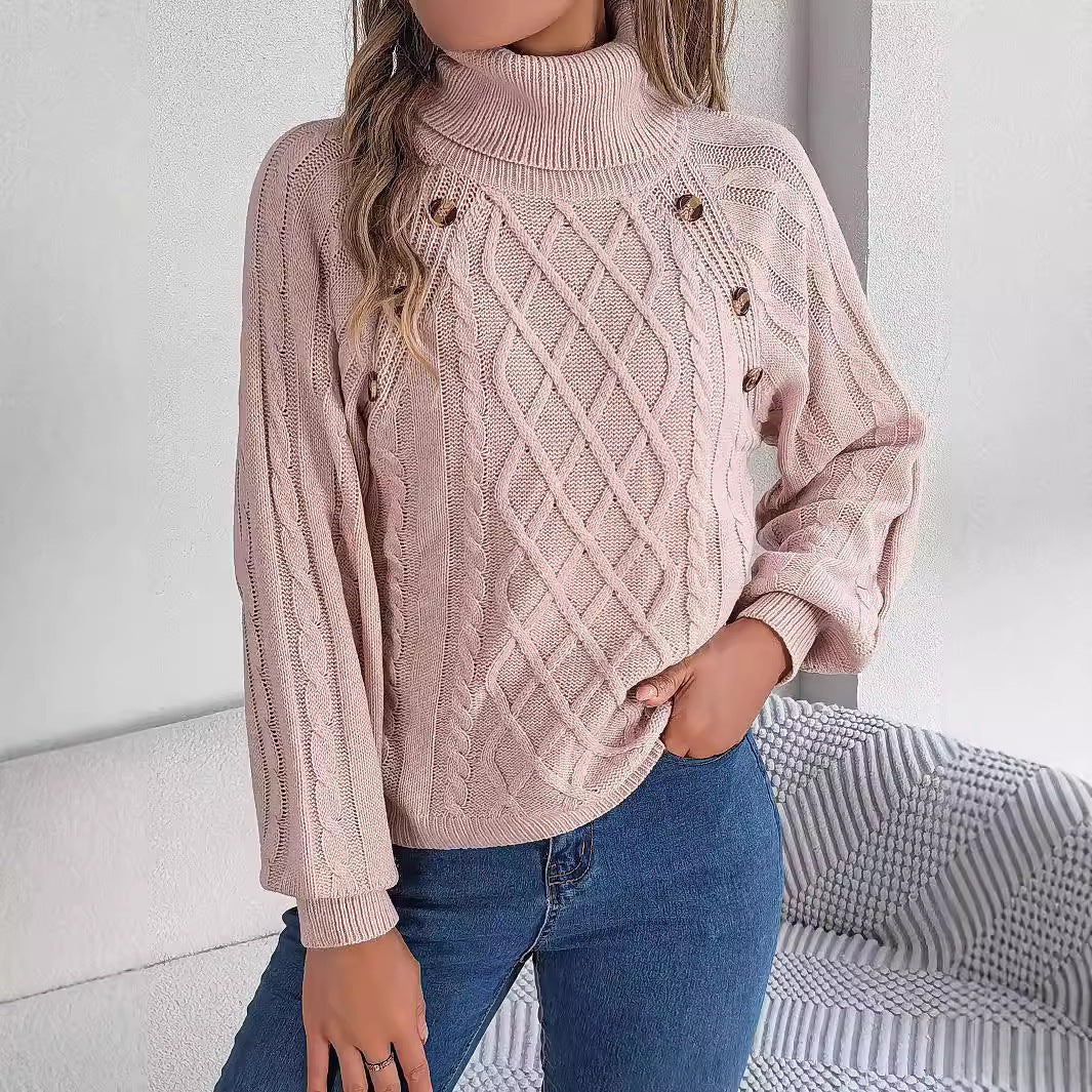 Casual Button-Detail Cable-Knit Turtleneck Sweater with Lantern Sleeves