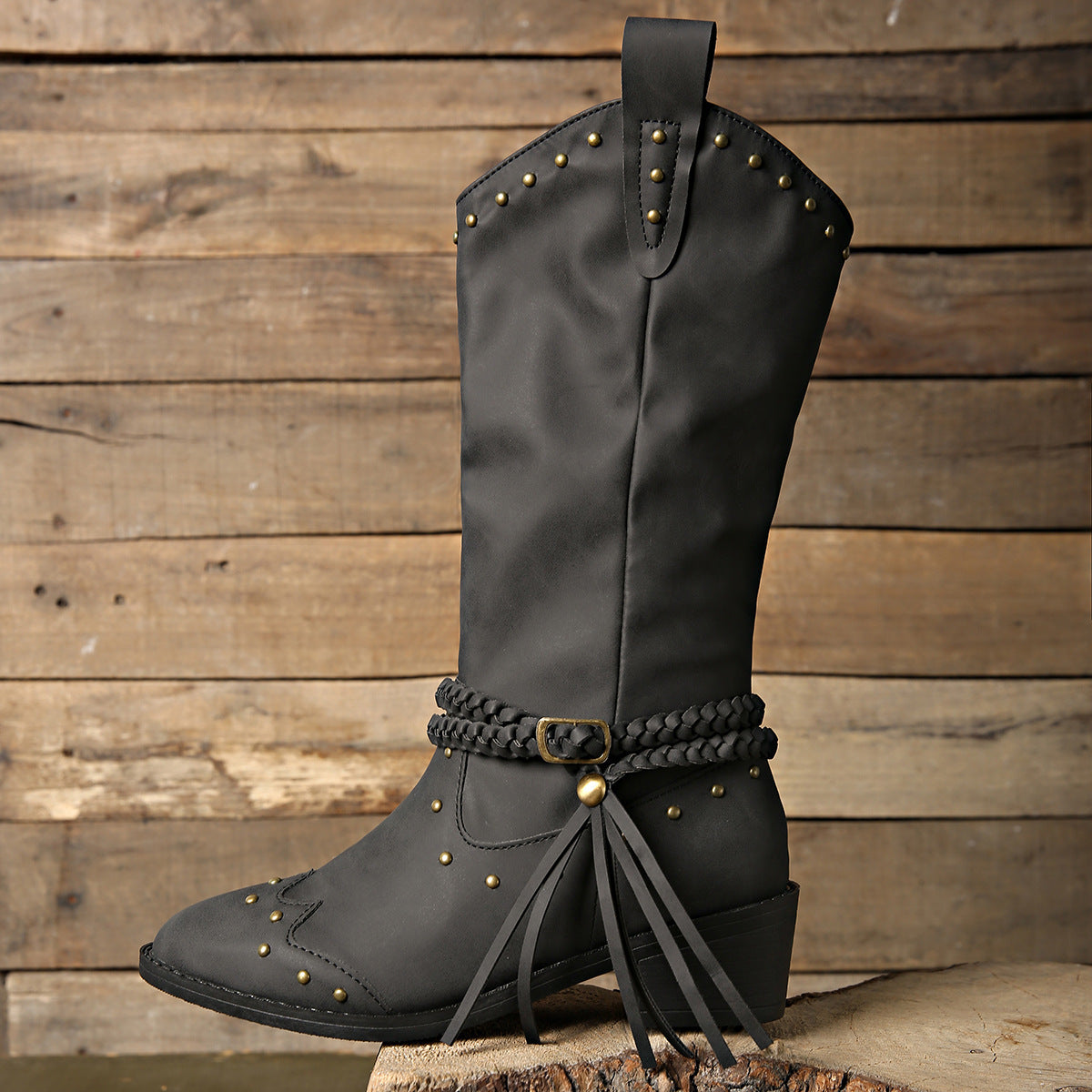 Women's Pointed-Toe Rivet Boots with Thick Mid-Heels and Tassel Accent