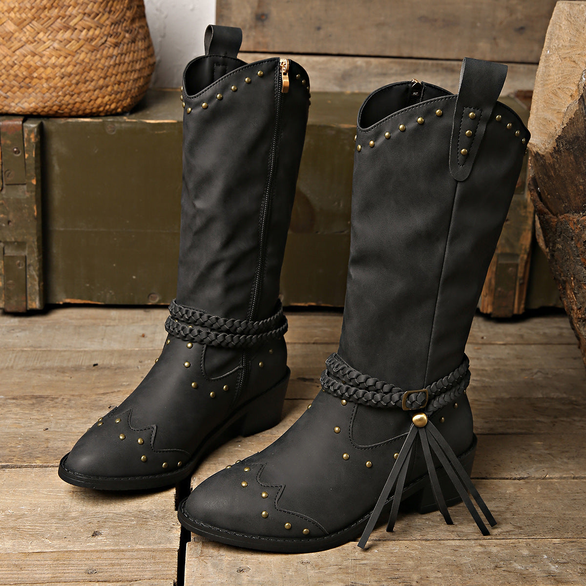 Women's Pointed-Toe Rivet Boots with Thick Mid-Heels and Tassel Accent