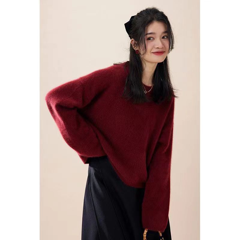 Red Pullover Women's Fall and Winter Mid-Length Comfortable Retro Slit Knit Sweater