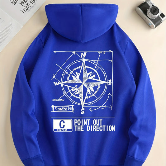 Fashion Green Compass Pattern Hoodie Casual Autumnwinter Pullover With Drawstring Kangaroo Pocke