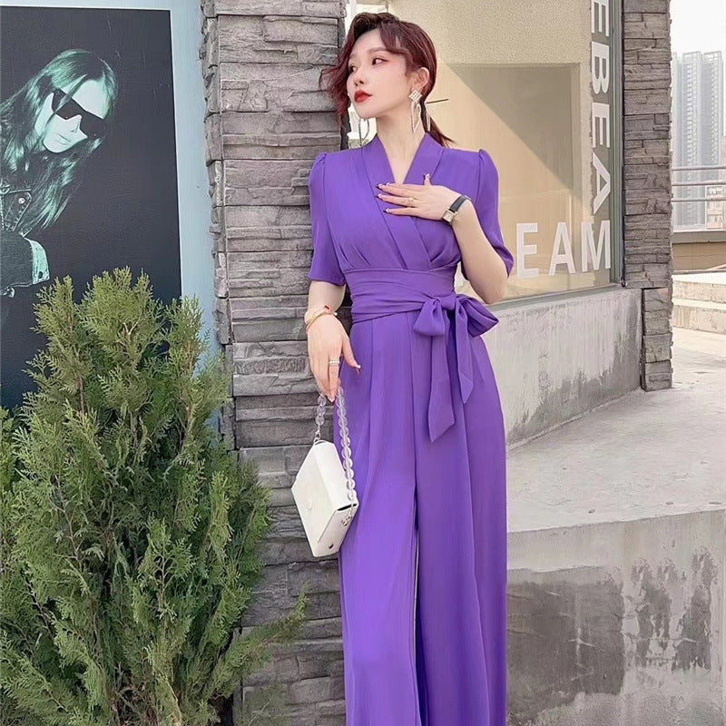 Elegant High-Waist Lace-Up Wide-Leg Jumpsuit, Slimming and Chic in Solid Color