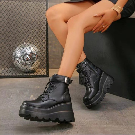 Cosplay Comic Show Boots – 95cm Height-Increasing Platform Wedge Black Slimming Martin Booties