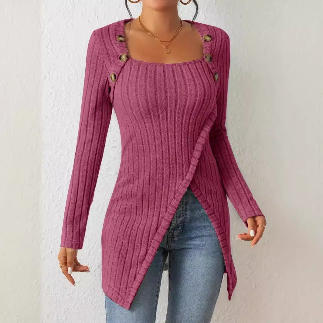 Knitted Irregular T-Shirt Top with Square Collar