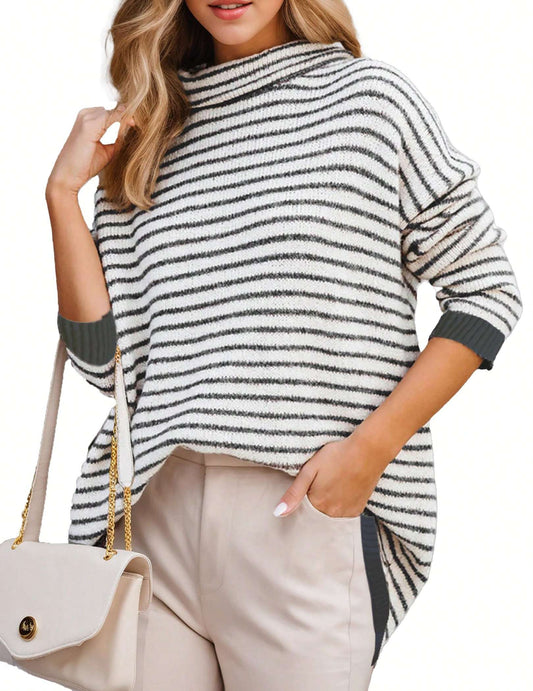 Hoteel Oversized Striped Turtleneck Sweater for Women – Long Sleeve Knit Tunic Jumper Top for Fall