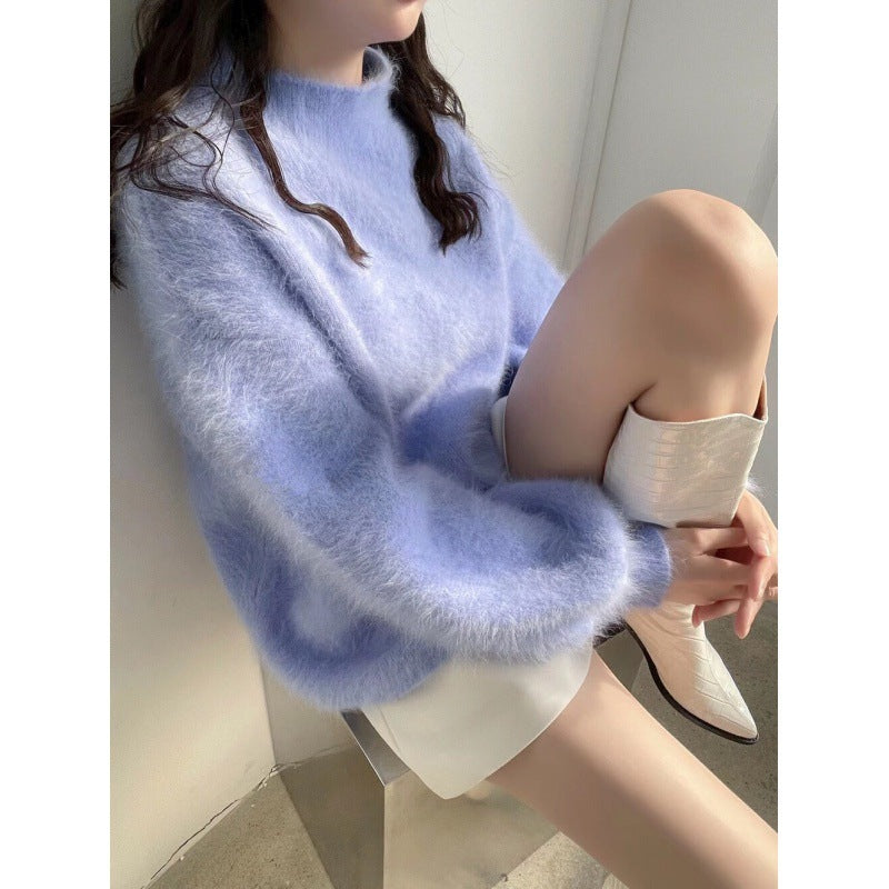 Elegant Solid Color Lantern Sleeve Half Turtleneck Loose Fit Jumper Sweater