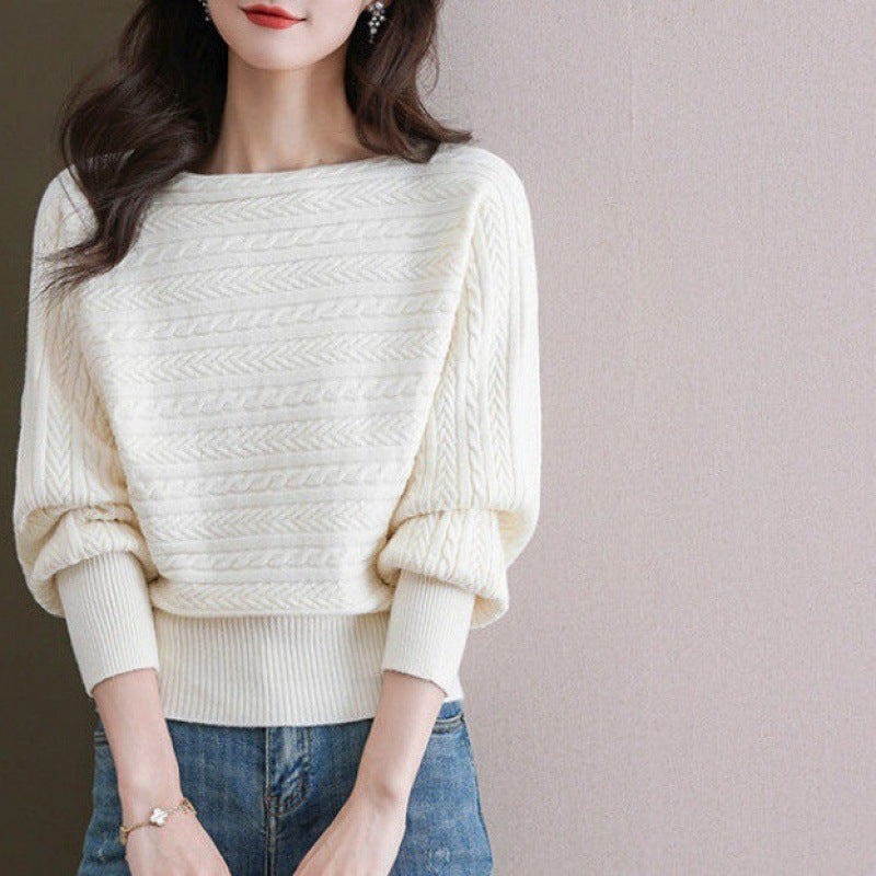 Autumn and Winter Boat Neck Loose-Fitting Batwing Sleeve Knitted Top