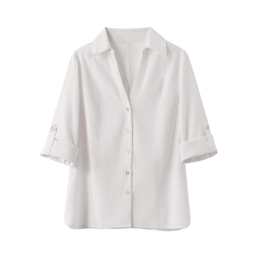 White V-neck Roll-up Sleeve Linen Blend Shirt