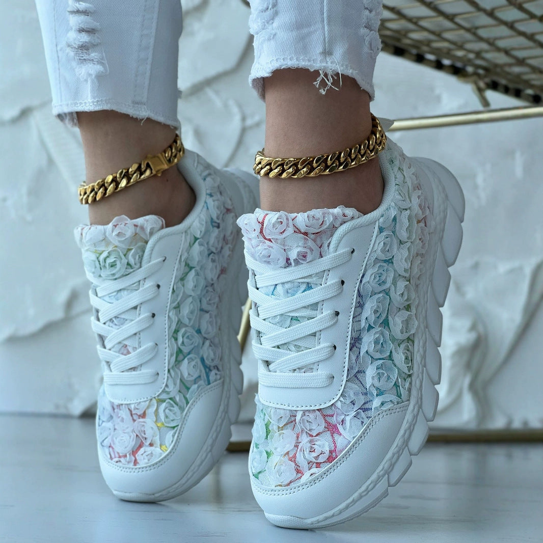 Casual Mesh Sneakers with 3D Rose Design