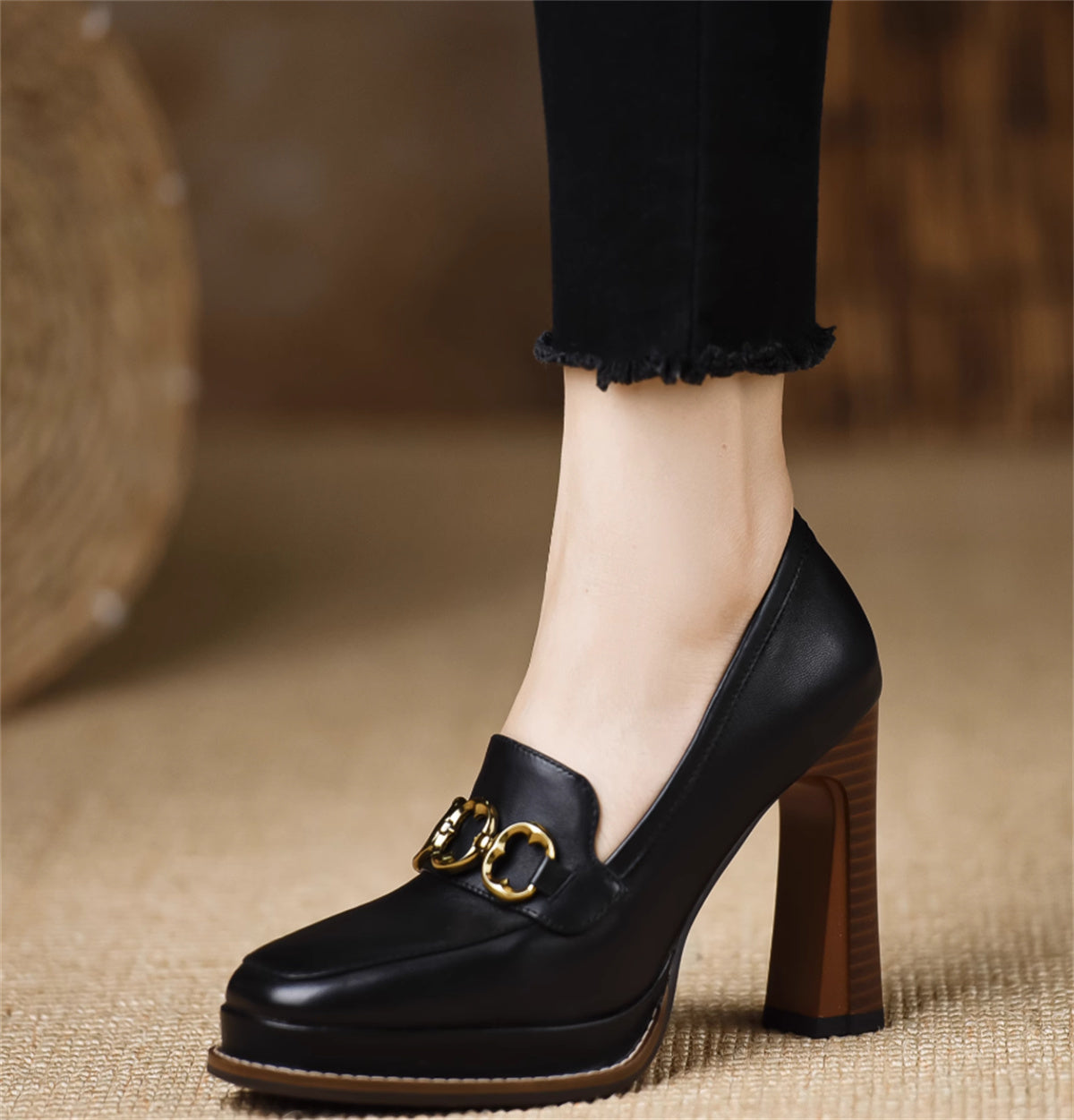 Women's Brown Sheepskin Shoes with Thick Heels