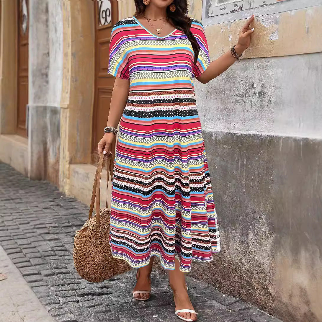 Plus Size Women's Dress with Printed Slit Hemline at the Bottom