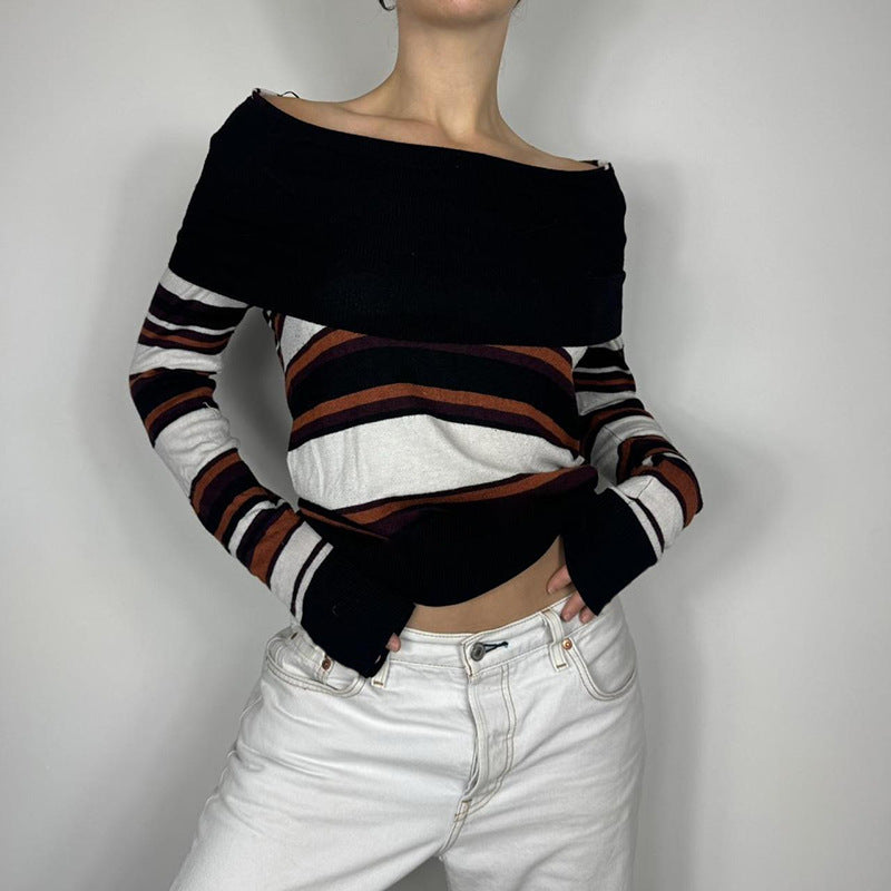 American-Style Casual Off-Shoulder Sweater with Contrast Color Stripes