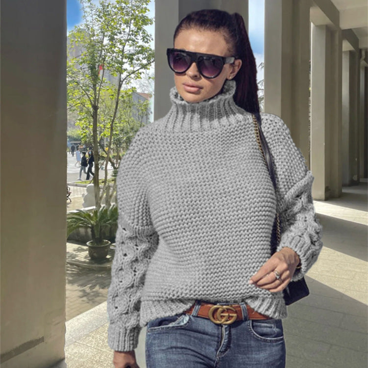 Women's Loose Cable-Knit Turtleneck Sweater – Solid Color Design