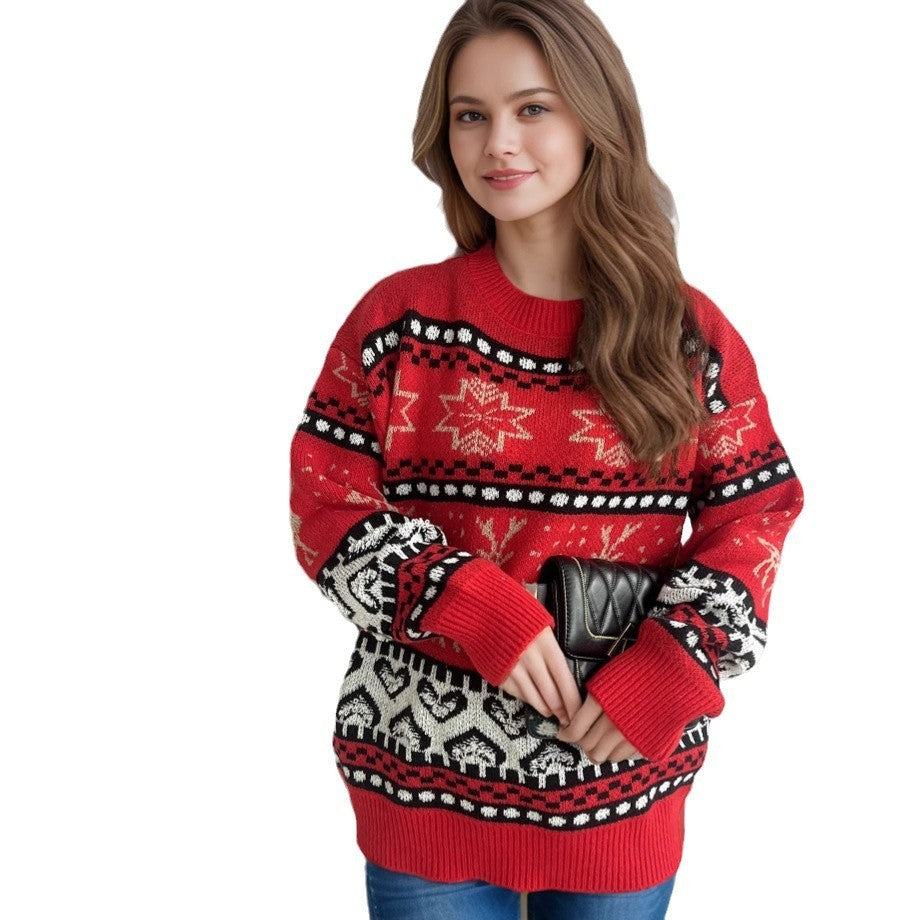 Christmas Casual Red Deer Jacquard Women's Long-Sleeve Round Neck Sweater