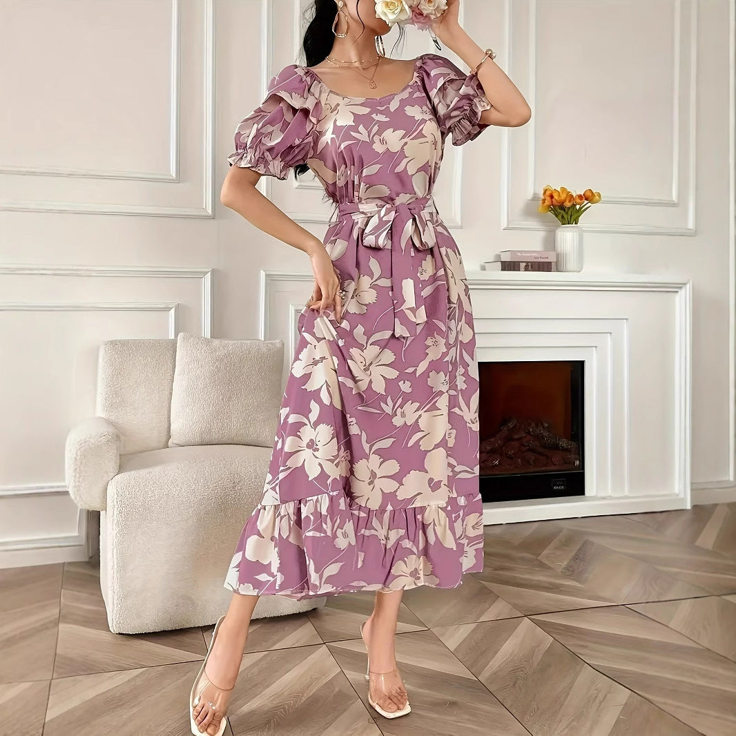 Women's Fashion Printed Lace-up Dress