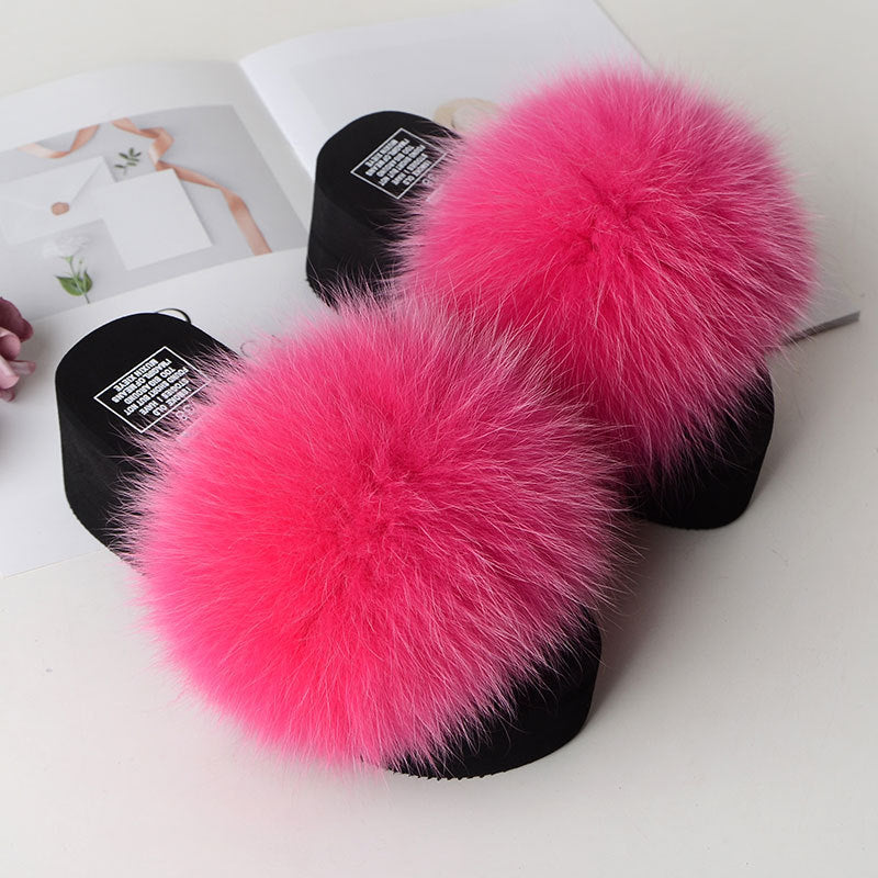 New Fox Fur Women Sandals Height Increasing Casual