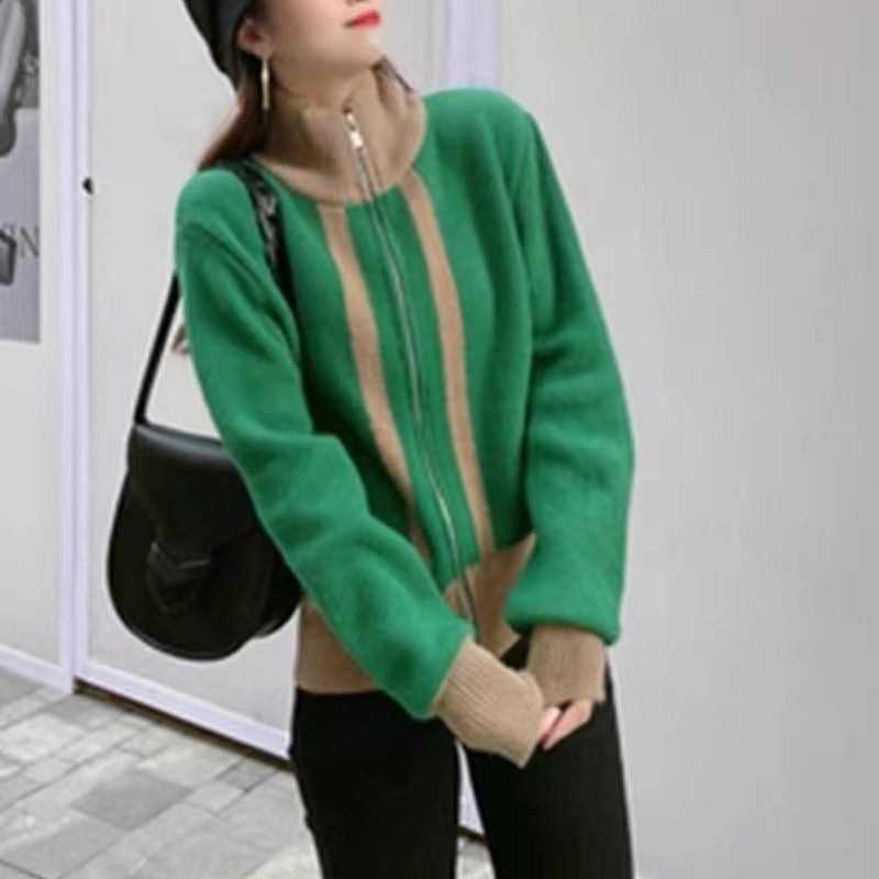 Women's Loose Korean-Style Stand Collar Cardigan with Elegant Temperament