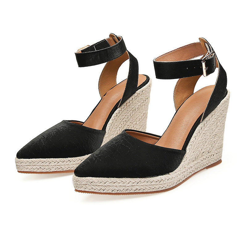 Women's Straw Woven Wedge Platform High Heel Pointed Toe Sandals