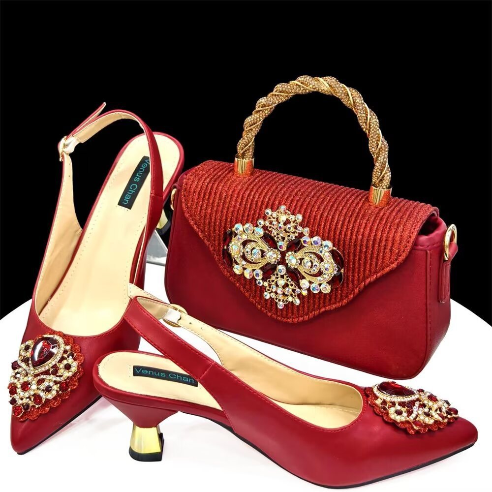 Casual French Style Small Square Pointed Toe Slingback High Heels with Matching Women's Shoes and Bag Set