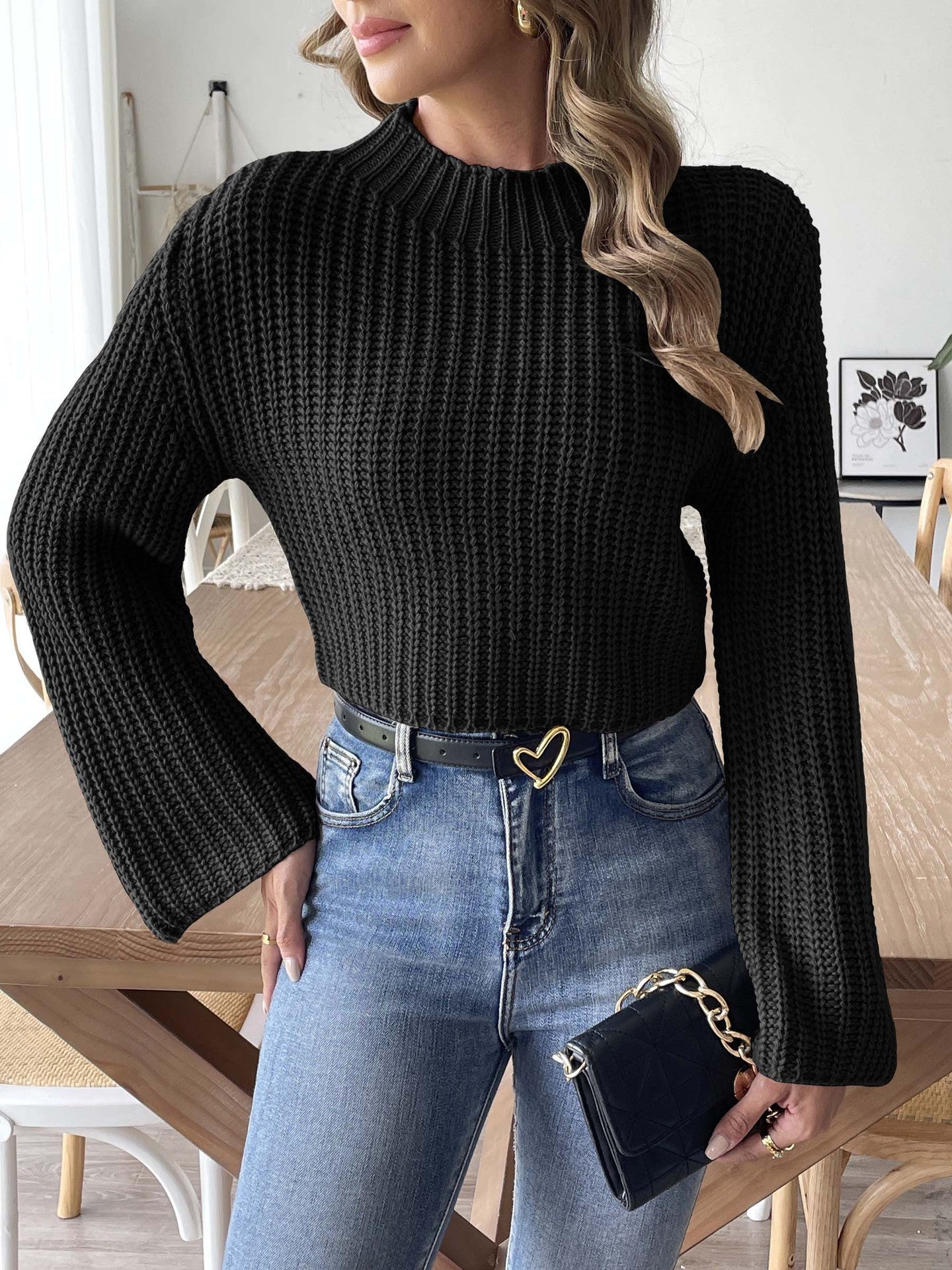 Women's Cropped Bell Sleeve Half-Turtleneck Knit Pullover