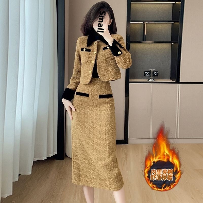 Women's French Style High-End Tweed Chanel-Inspired Skirt and Coat Set