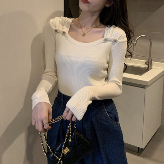 Women's Square Collar Long Sleeve Knitted Top