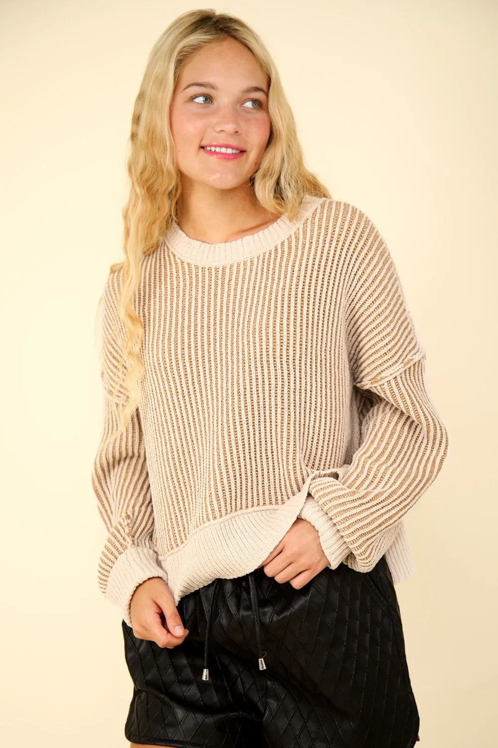 Exposed Seam Cropped Striped Sweater with Side Slits