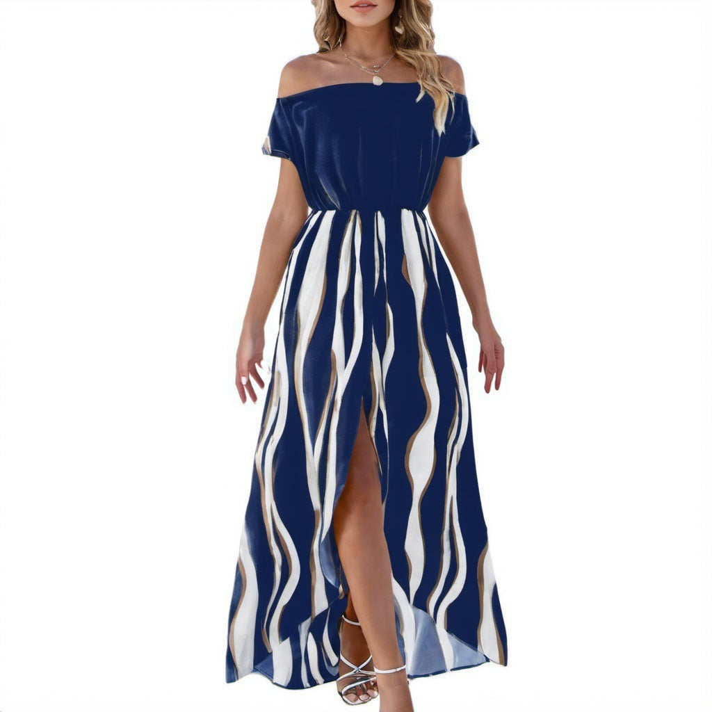 Off-the-Shoulder Zebra Pattern Dress with Waist Trimming, Short Sleeves