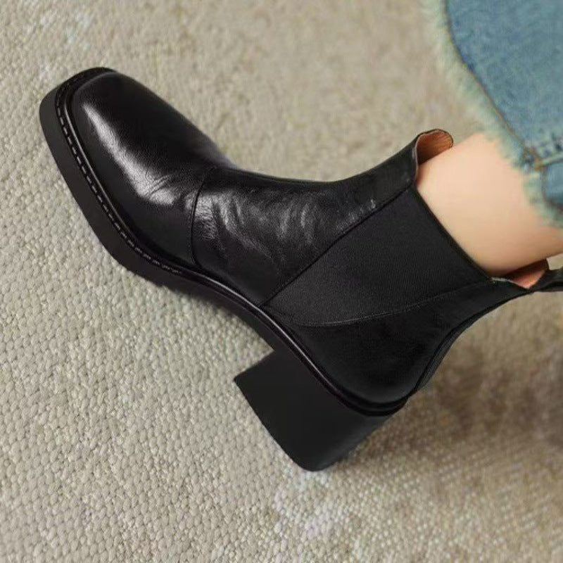 Women's Soft Leather Chunky Heel Boots in French Style