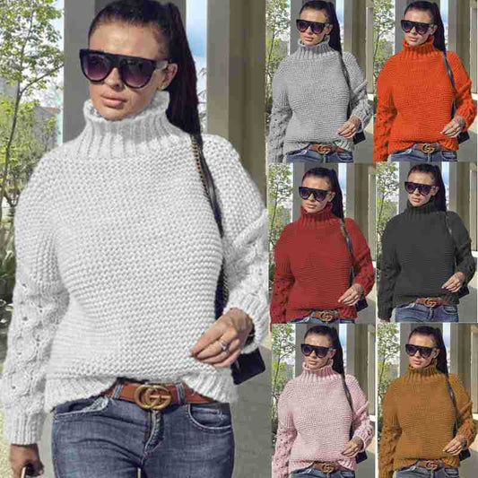 Women's Loose Cable-Knit Turtleneck Sweater – Solid Color Design