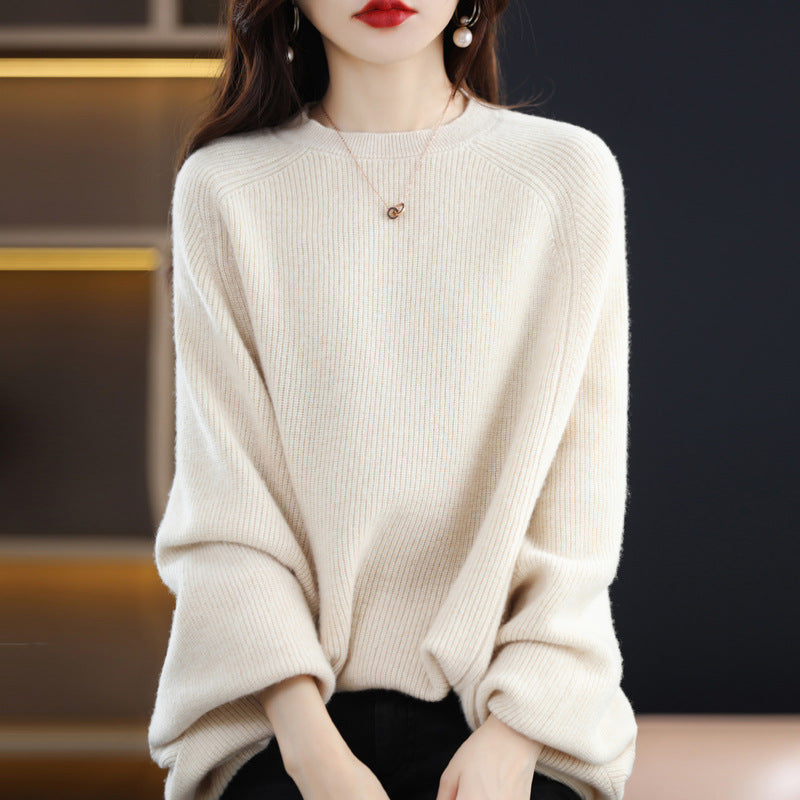 Women's Solid Color Wool Sweater – All-Match Round Neck Raglan Shawl Pullover