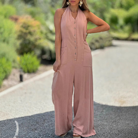 Solid Color Backless Sleeveless Jumpsuit – Loose Cotton Linen Style